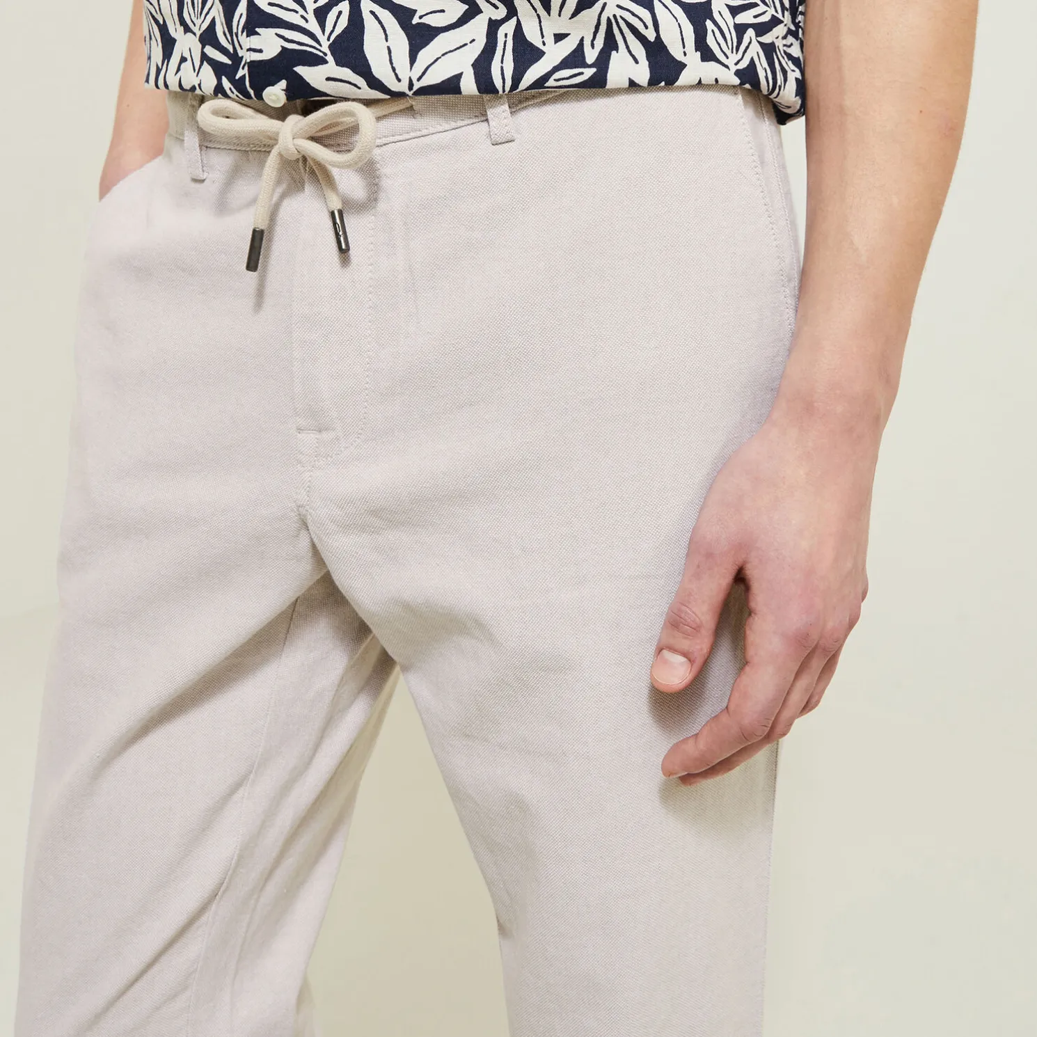 Broek in katoen en linnen met trekkoord