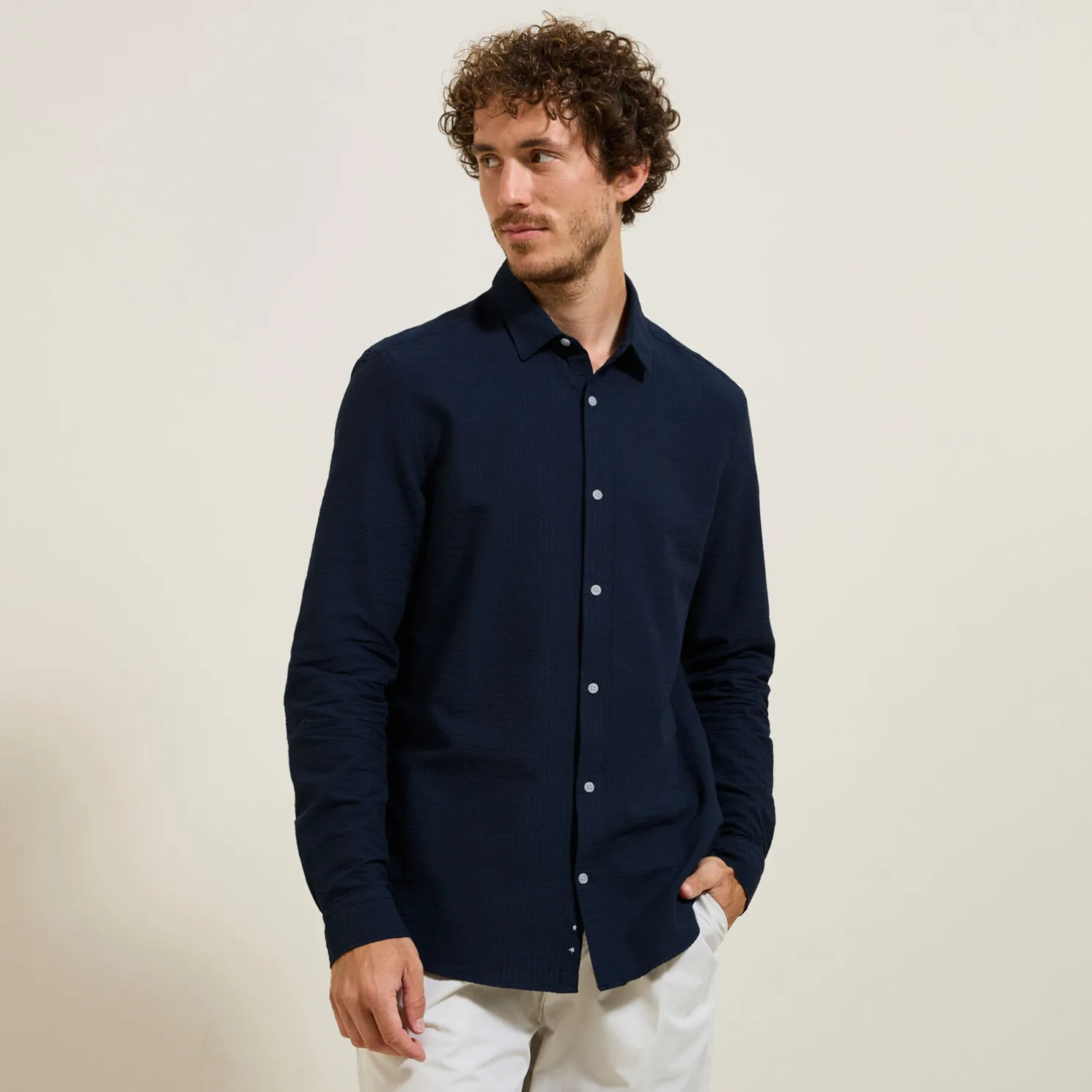 Gestreept overhemd in seersucker katoen