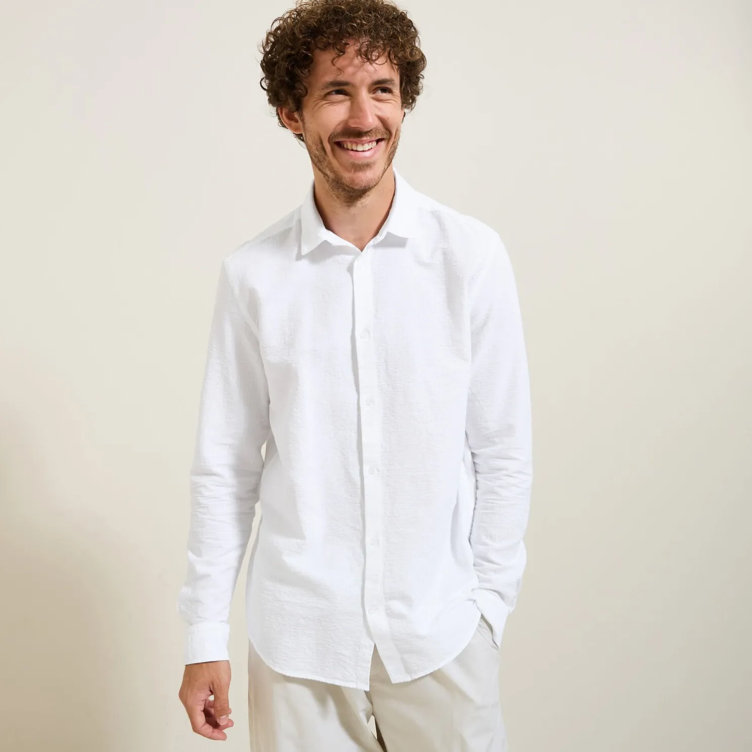 Gestreept overhemd in seersucker katoen