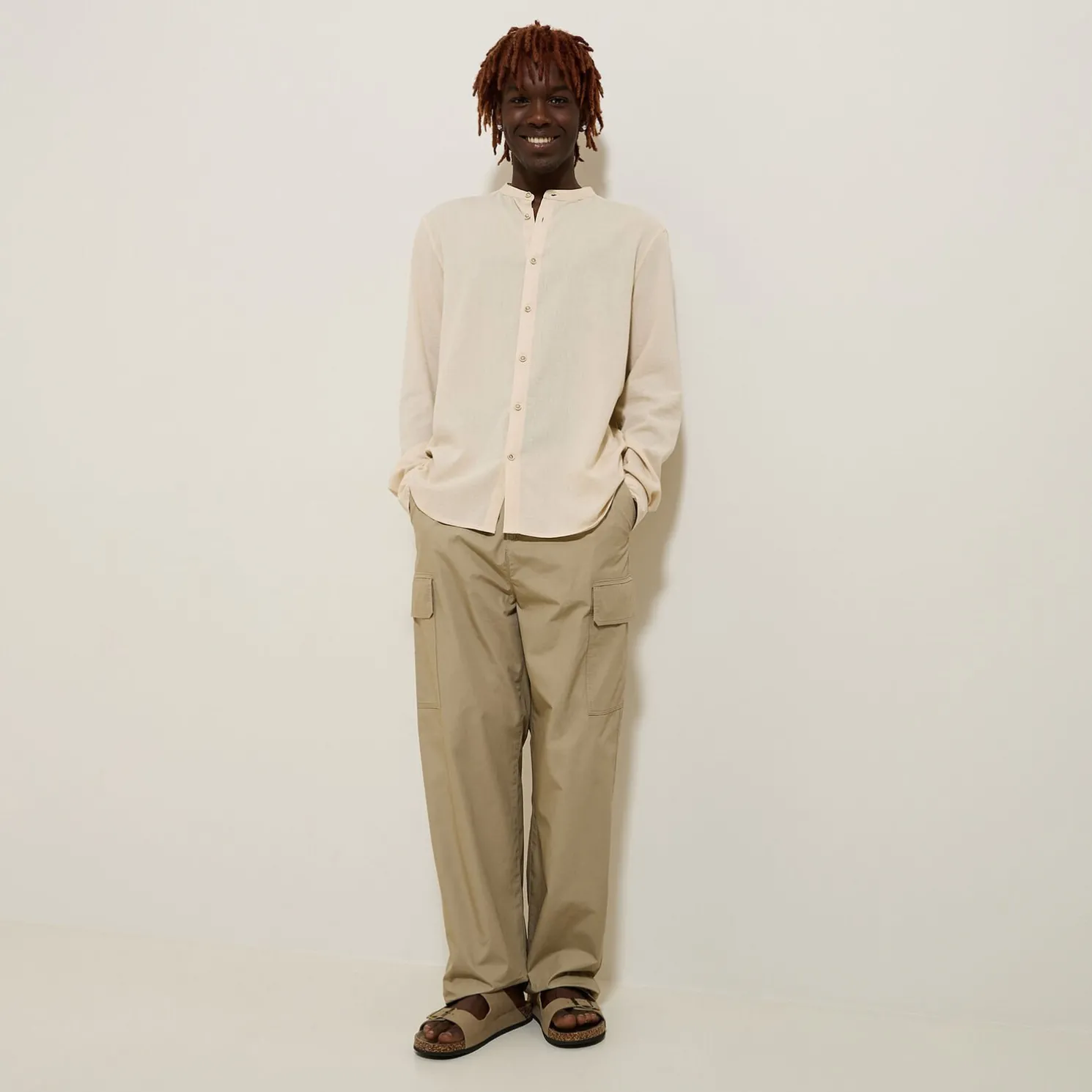 Regular effen hemd in gekreukte stof van katoen en