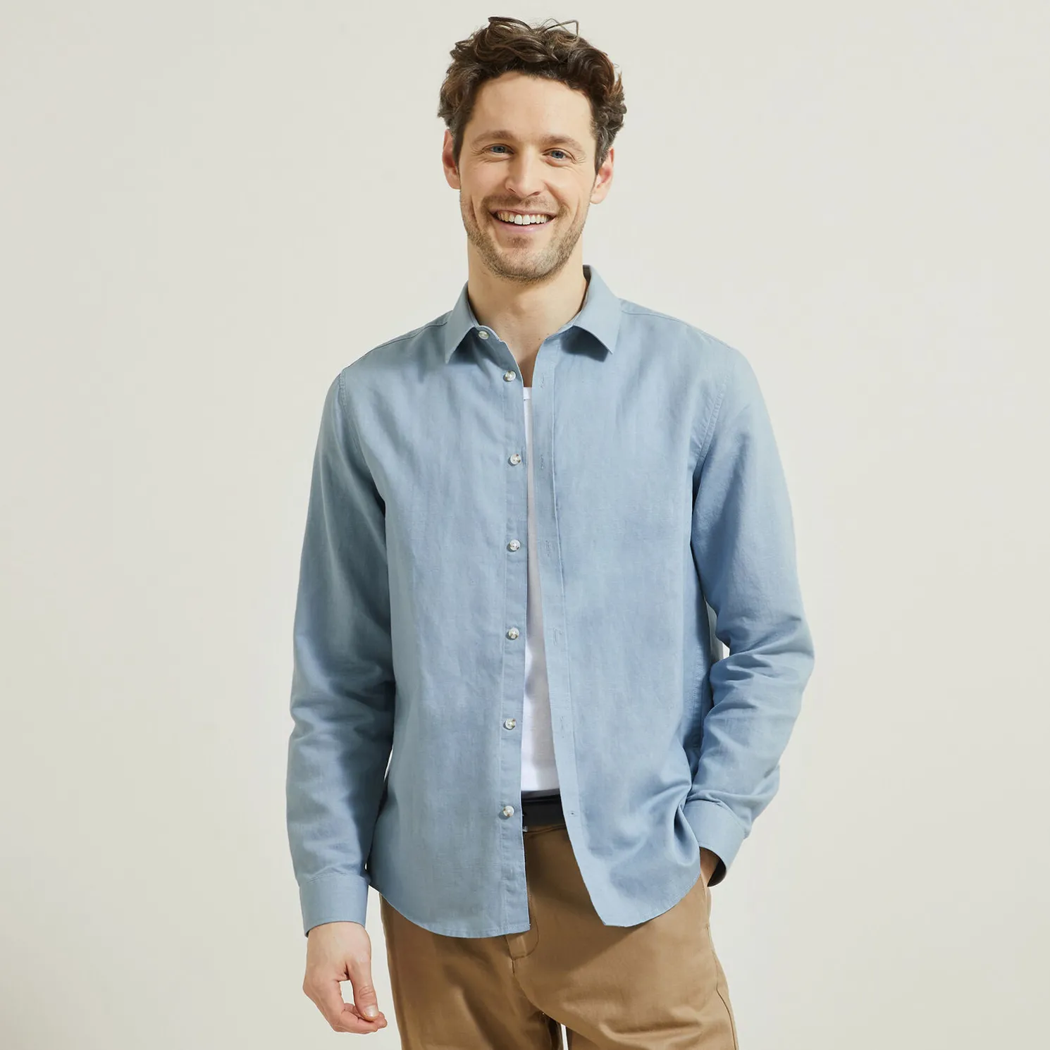 Regular effen hemd in katoen en linnen