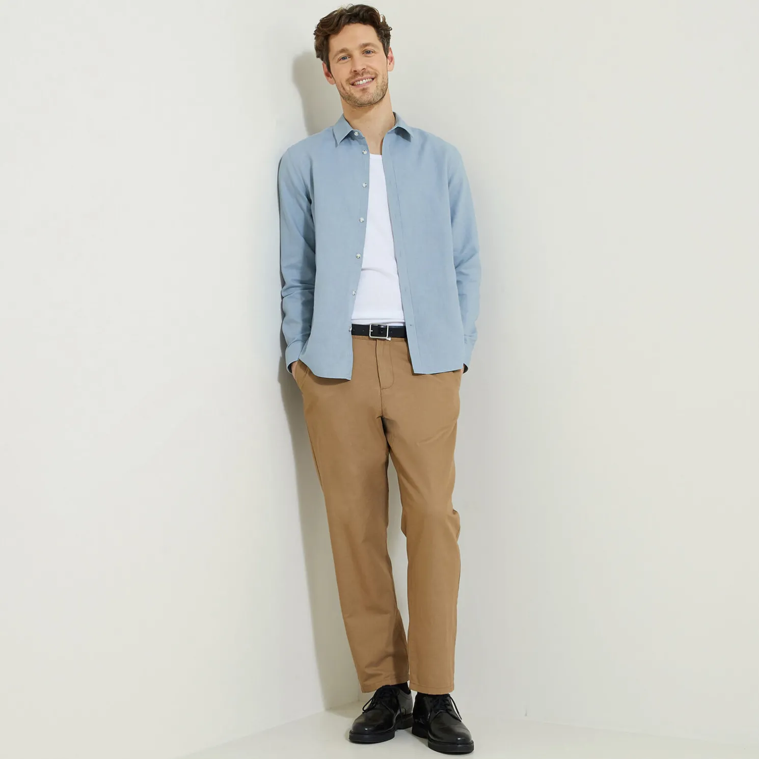 Regular effen hemd in katoen en linnen