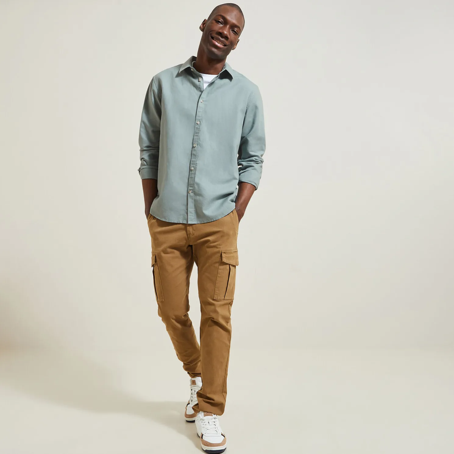 Regular effen hemd in katoen en linnen