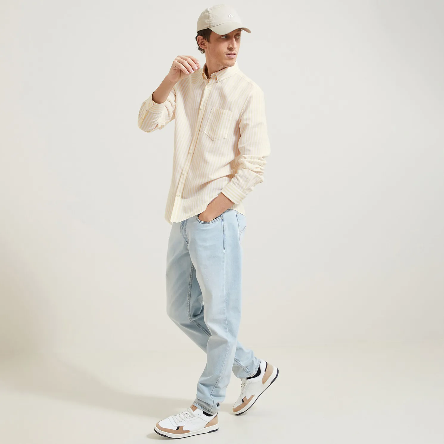 Regular gestreept hemd in katoen en linnen