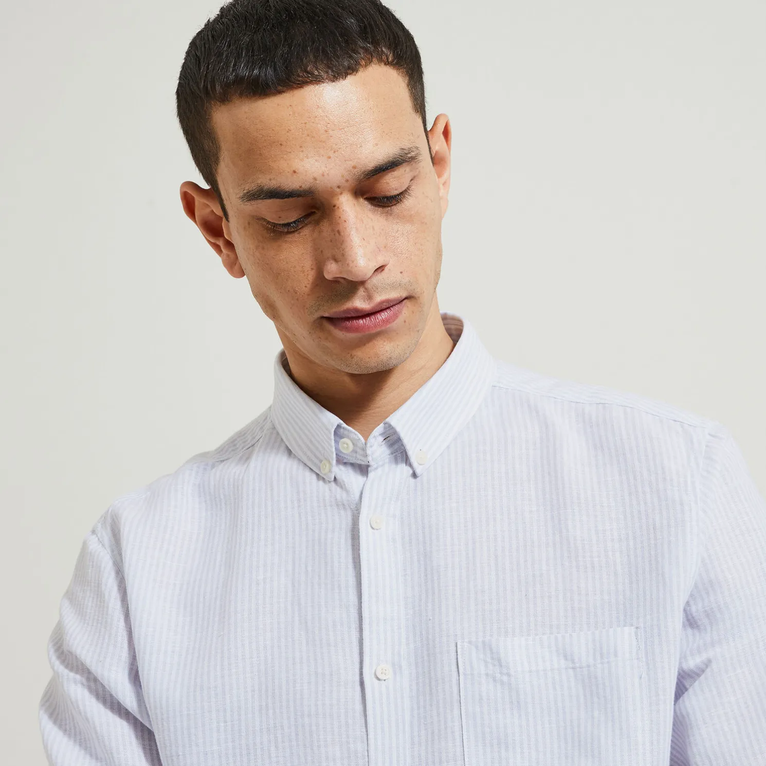 Regular gestreept hemd in katoen en linnen