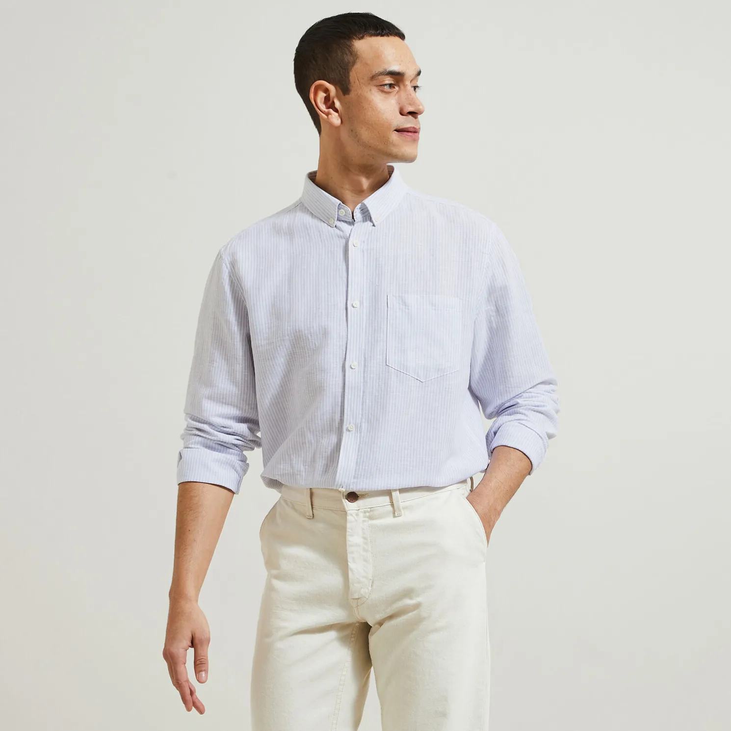 Regular gestreept hemd in katoen en linnen