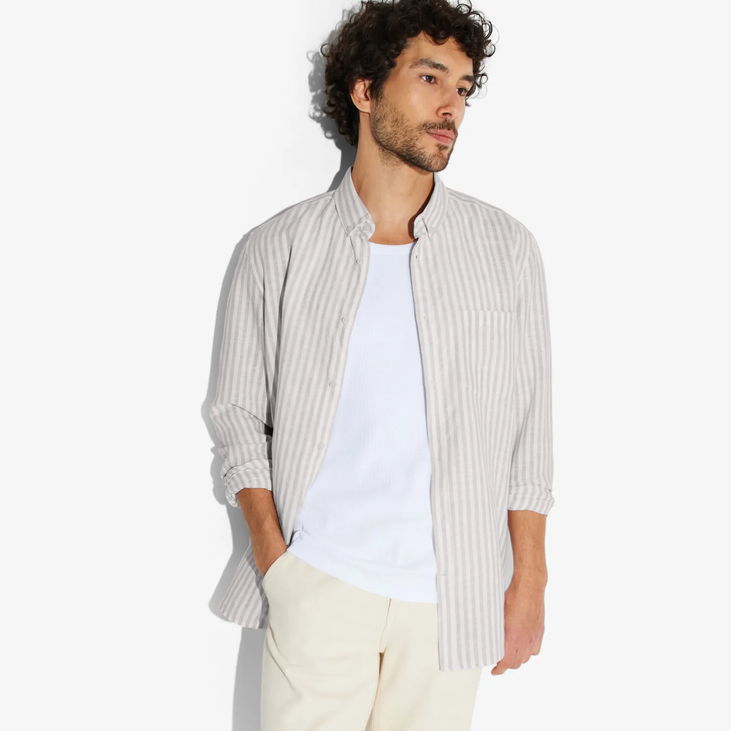 Regular gestreept hemd in katoen en linnen