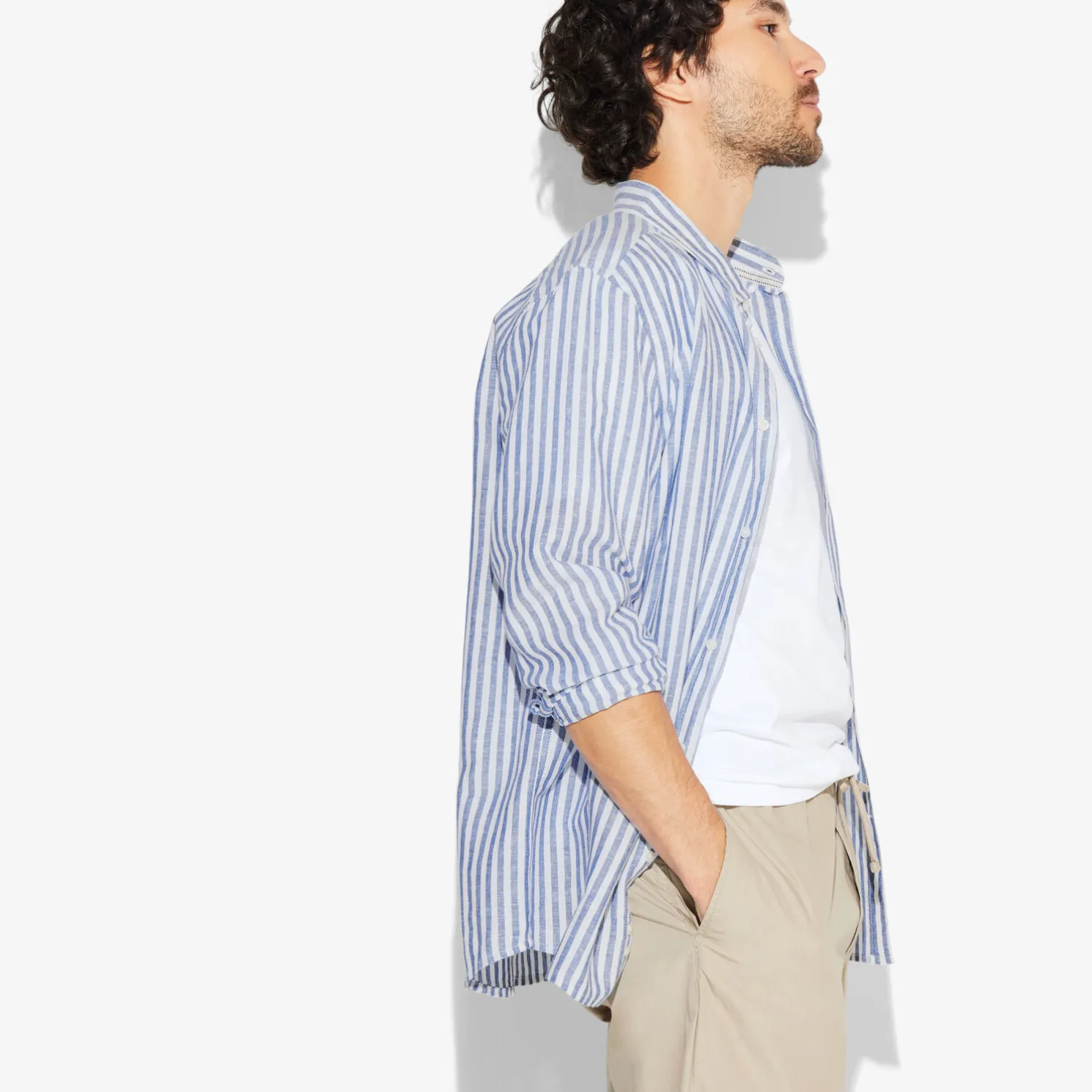 Regular gestreept hemd in katoen en linnen