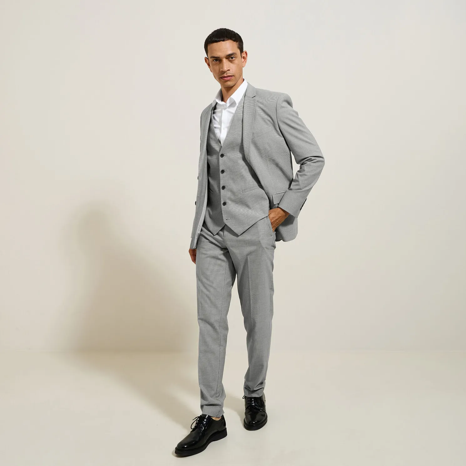 Slim kostuumgilet met pied-de-puce-motief