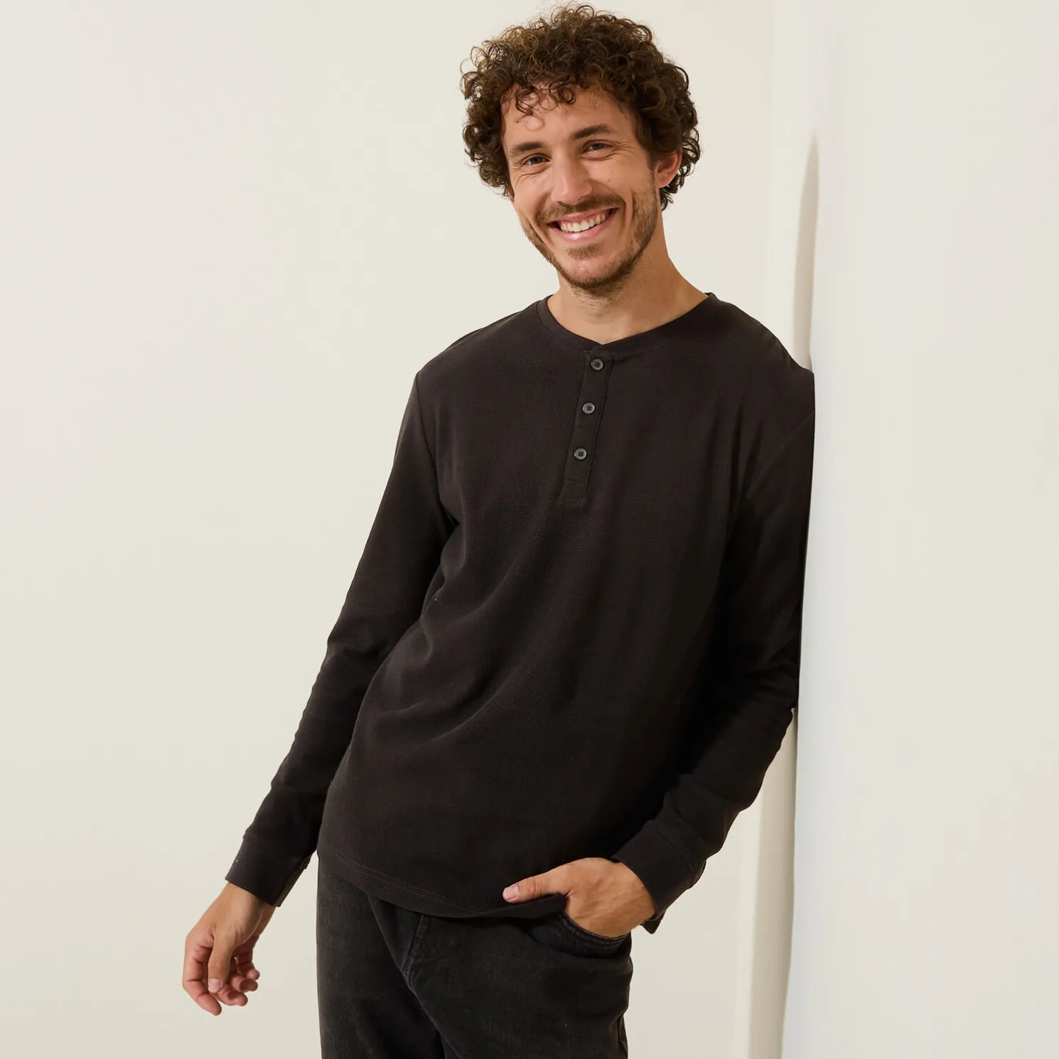 T-shirt met Tunesische kraag in wafelstof