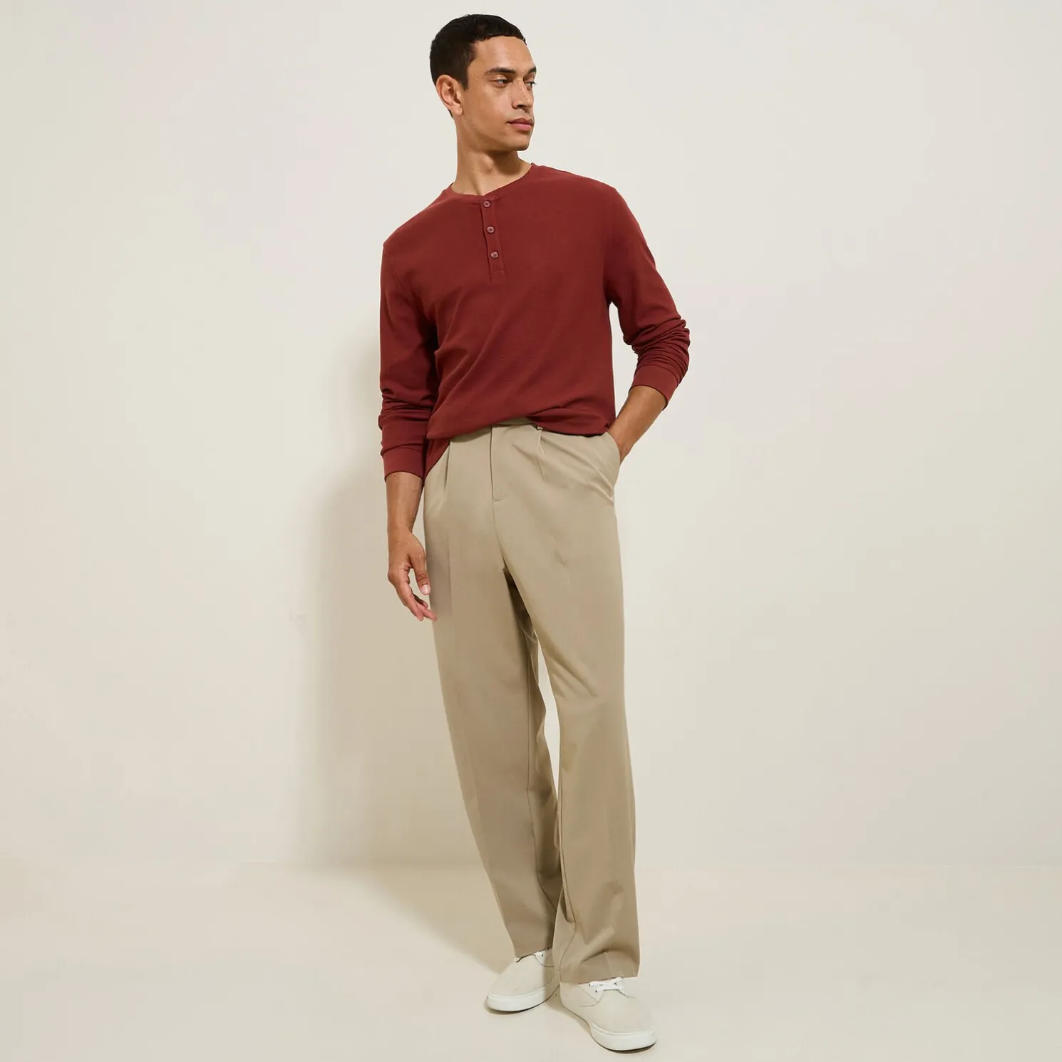 T-shirt met Tunesische kraag in wafelstof