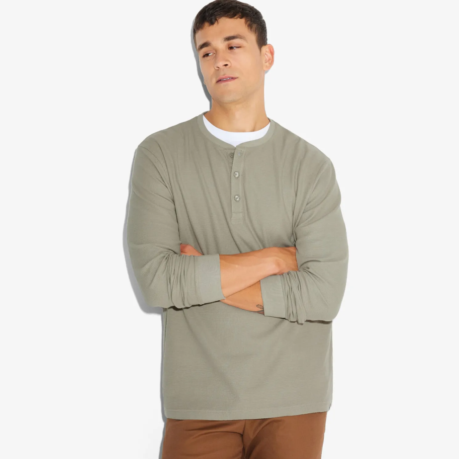 T-shirt met Tunesische kraag in wafelstof